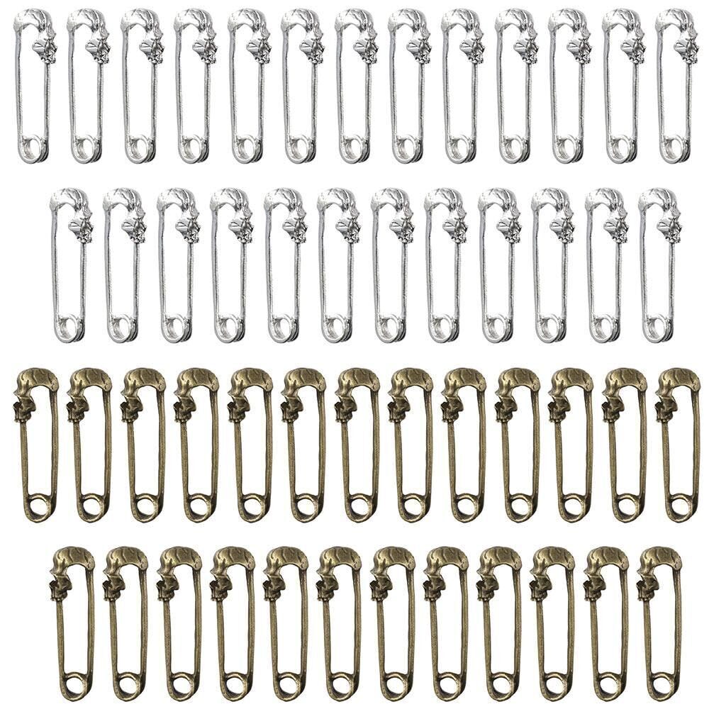6020 50Pcs Skull Safety Pin Punk Skull Head Brooches 2 Colors Skull Alloy
